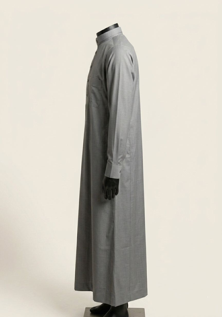 Saudi Style Light Grey Thobe with Cuffed Sleeves for Mens
