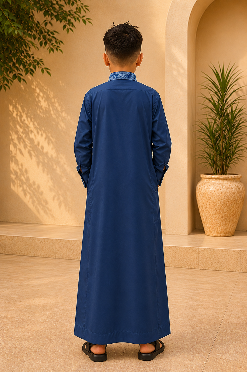 Steel Blue Embroidered Thobe for Kids