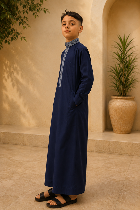 Navy Blue Embroidered Thobe for Kids