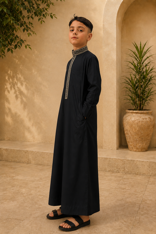 Black Embroidered Thobe for Kids
