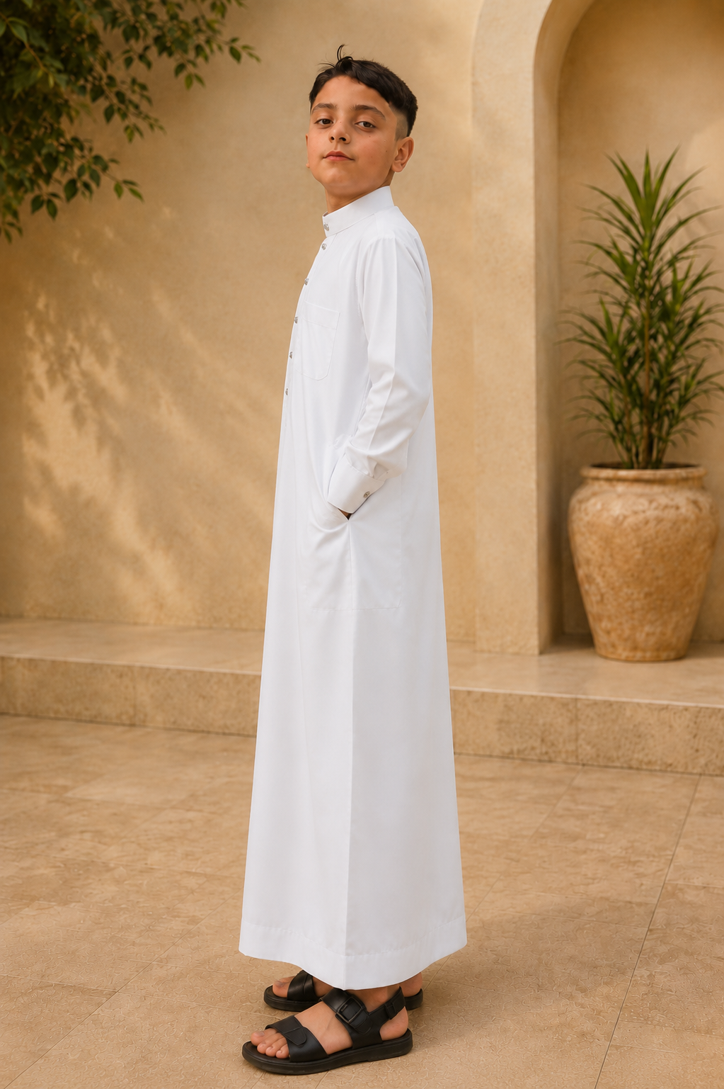 Saudi Style White Thobe with Cuffed Sleeves for Kids