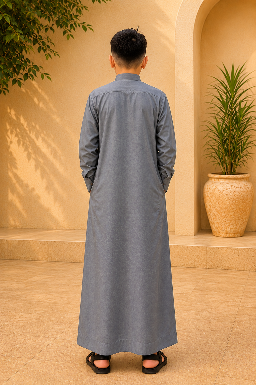 Saudi Style Light Grey Thobe with Cuffed Sleeves for Kids