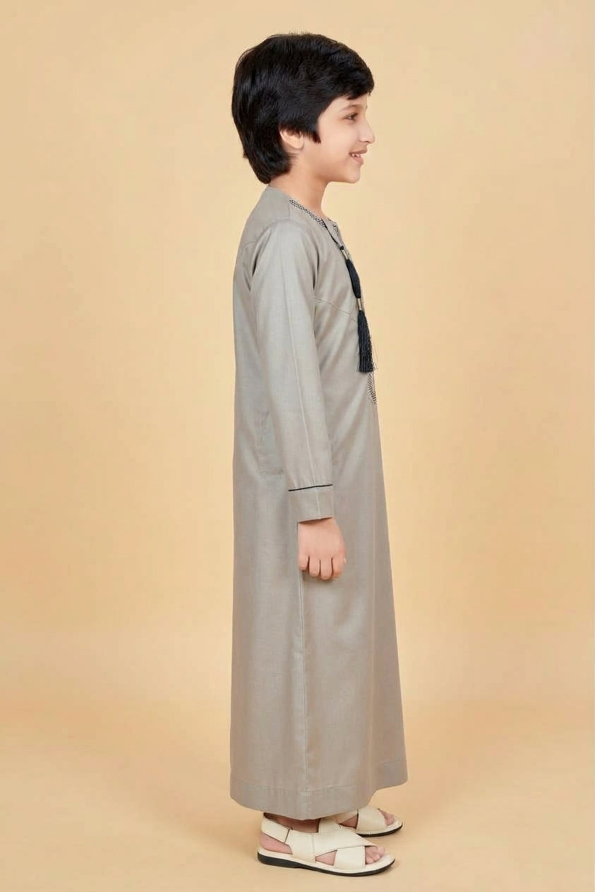 Stone Beige Embroidered Omani Thobe for Kids