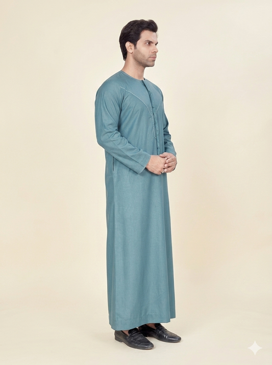 Emirates Style Teal Blue Embroidered Thobe for Men's