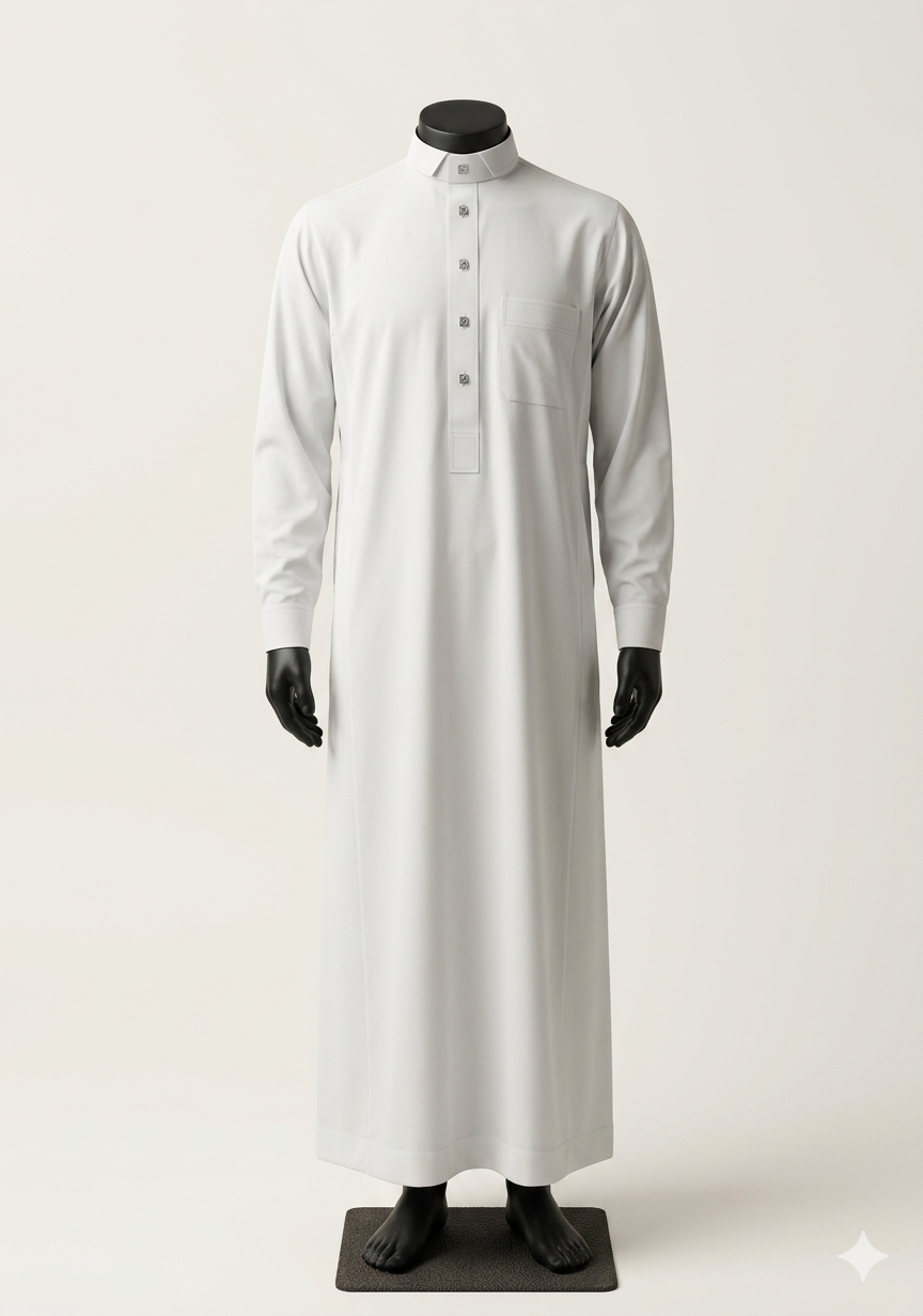 Saudi Style White Thobe with Cuffed Sleeves for Mens