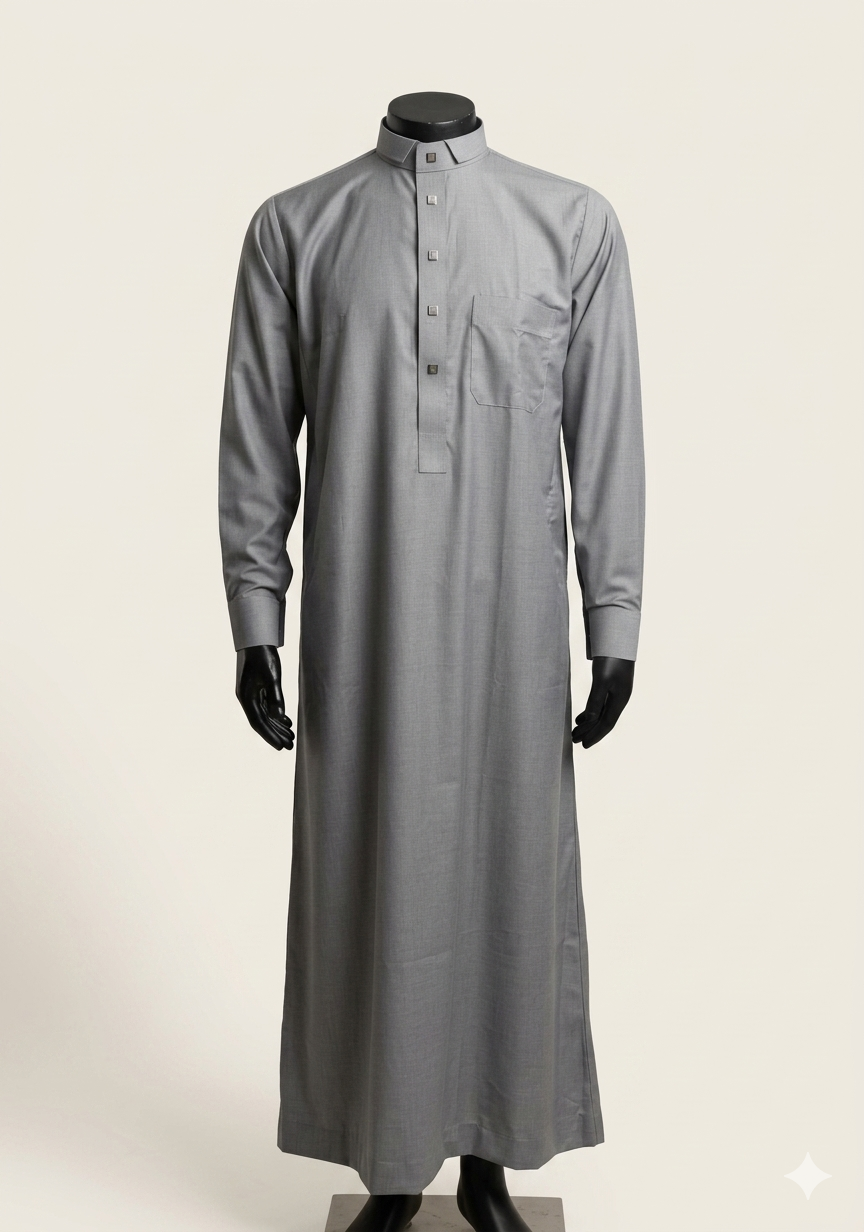Saudi Style Light Grey Thobe with Cuffed Sleeves for Mens