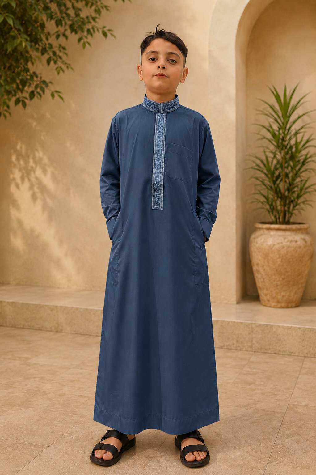 Steel Blue Embroidered Thobe for Kids
