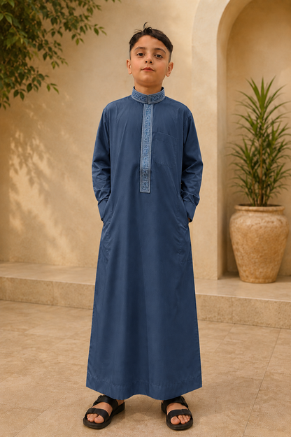 Steel Blue Embroidered Thobe for Kids
