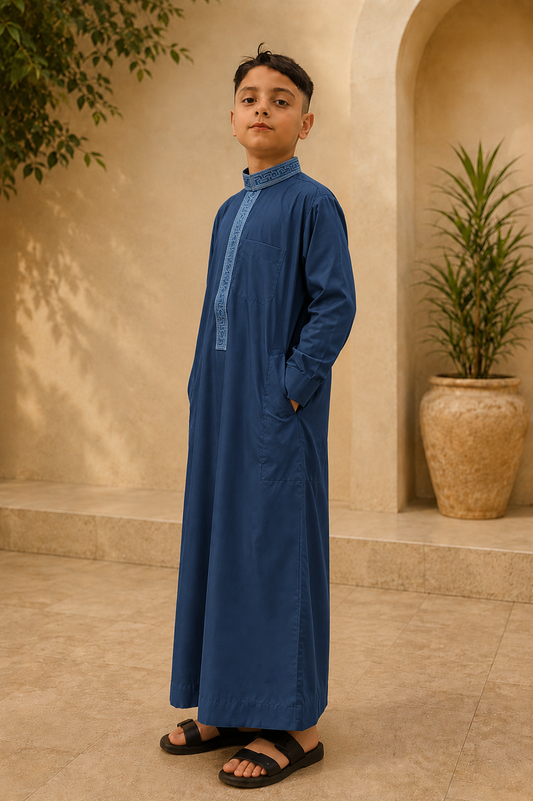 Steel Blue Embroidered Thobe for Kids