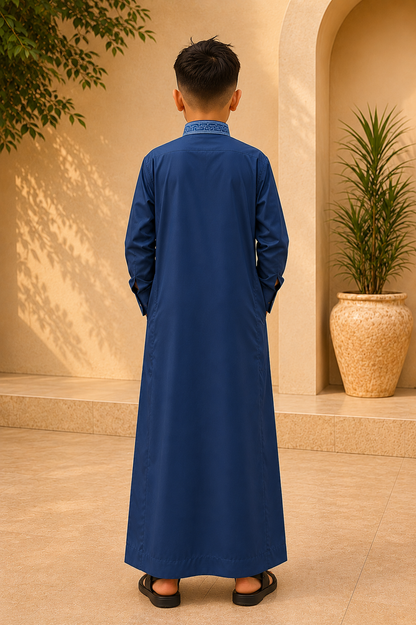 Steel Blue Embroidered Thobe for Kids