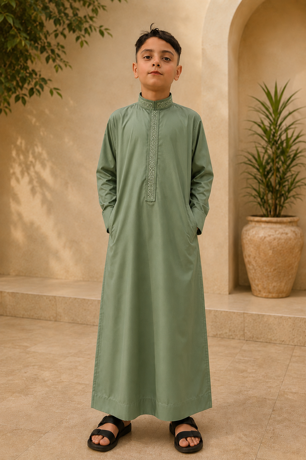 Olive Green Embroidered Thobe for Kids