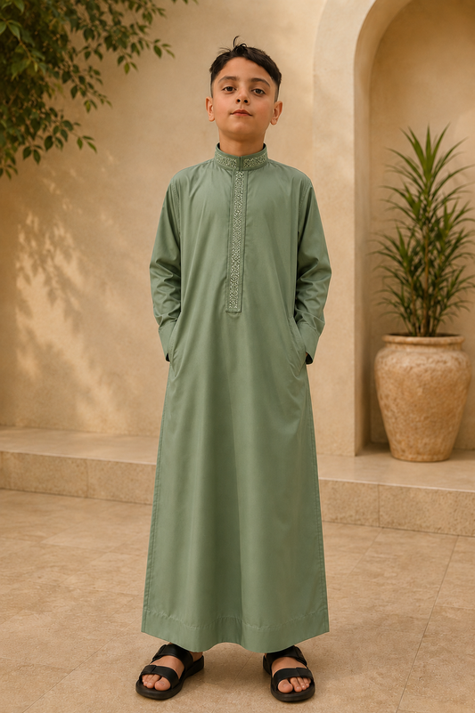 Olive Green Embroidered Thobe for Kids
