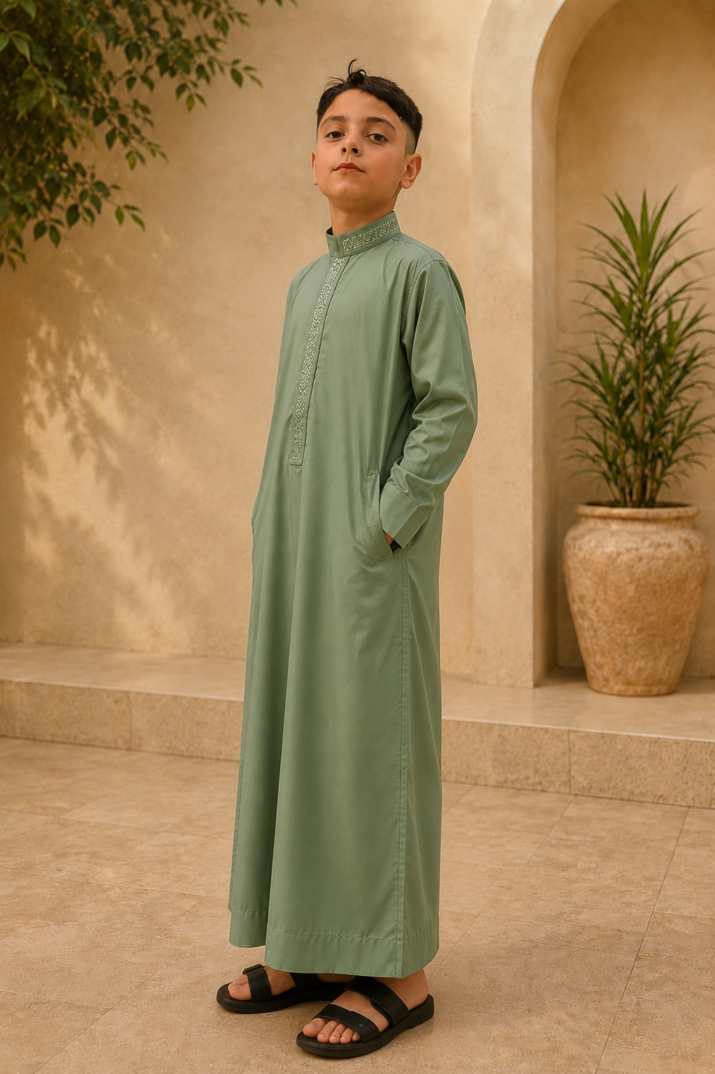 Olive Green Embroidered Thobe for Kids