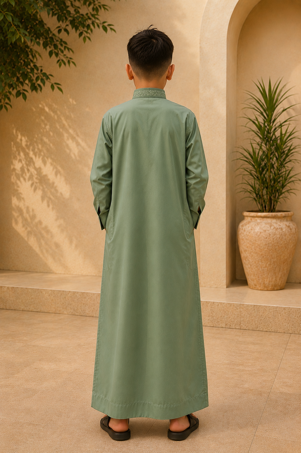 Olive Green Embroidered Thobe for Kids