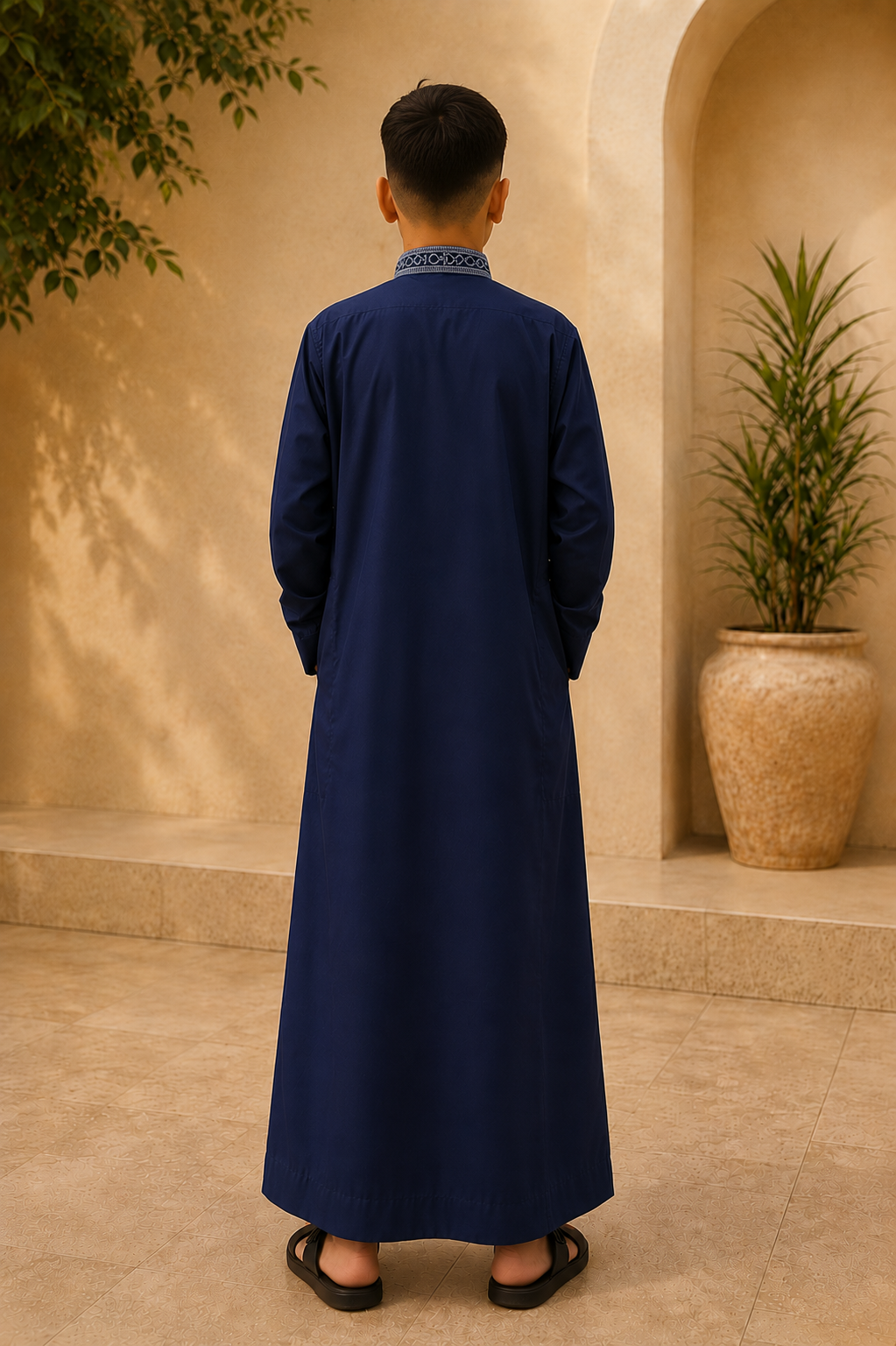 Navy Blue Embroidered Thobe for Kids
