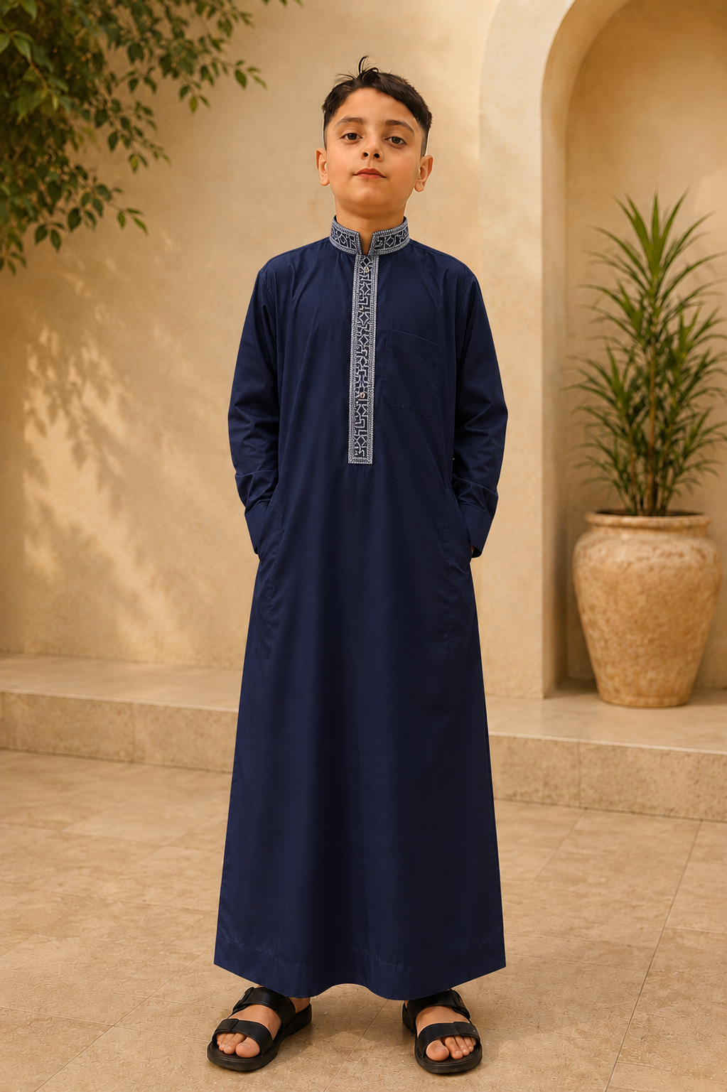 Navy Blue Embroidered Thobe for Kids