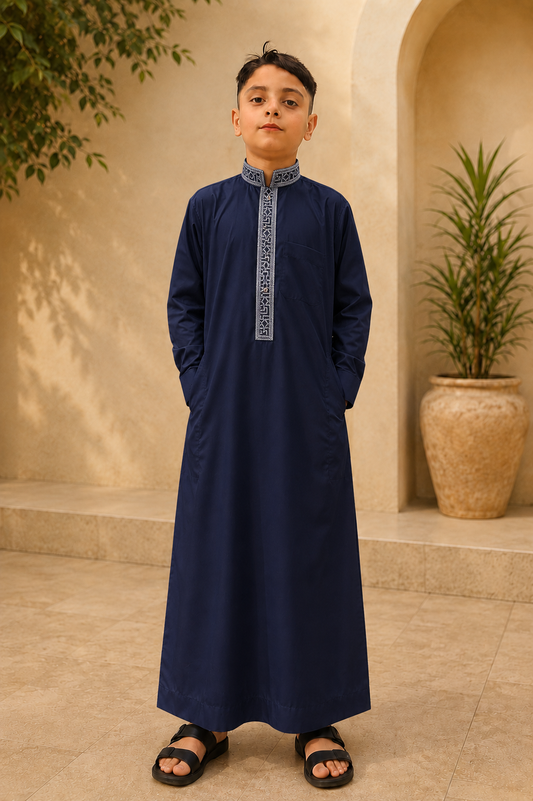 Navy Blue Embroidered Thobe for Kids