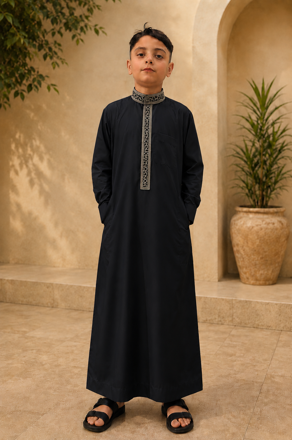Black Embroidered Thobe for Kids