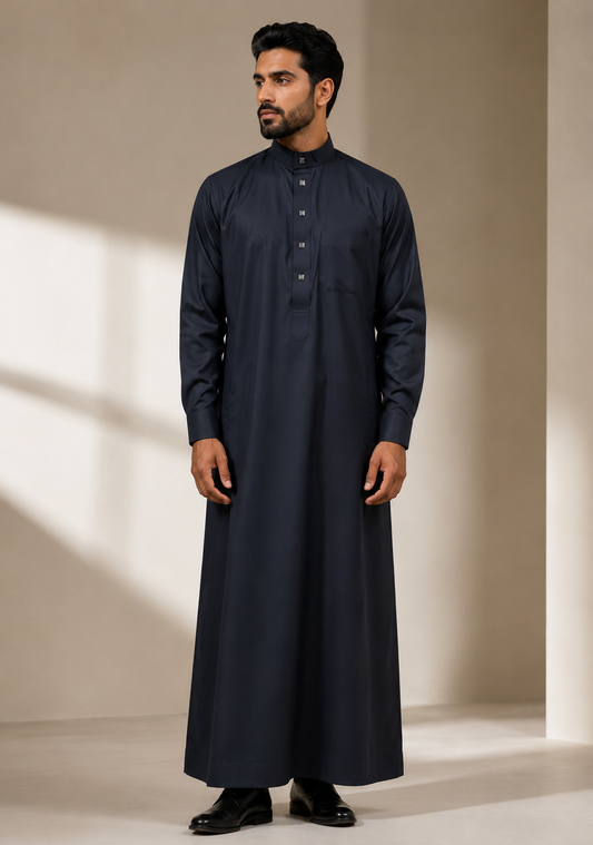 Saudi Style Black Thobe with Cuffed Sleeves for Mens