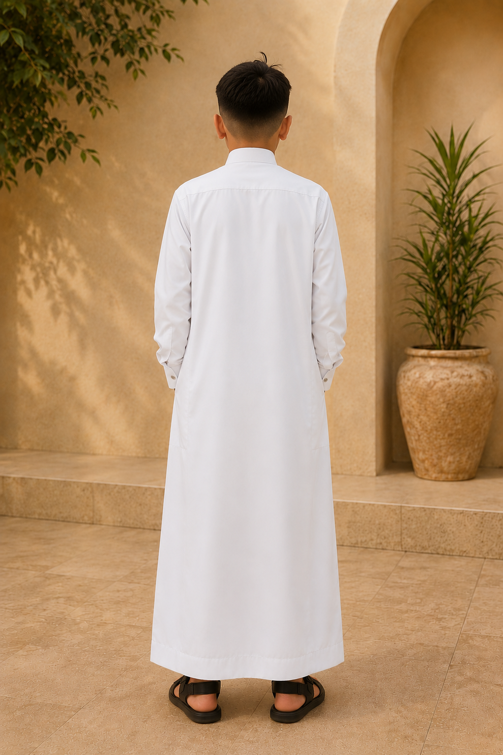 Saudi Style White Thobe with Cuffed Sleeves for Kids