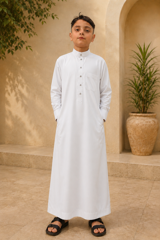 Saudi Style White Thobe with Cuffed Sleeves for Kids