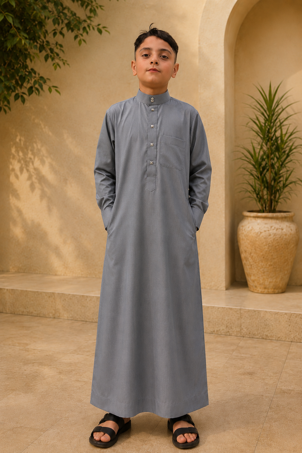 Saudi Style Light Grey Thobe with Cuffed Sleeves for Kids