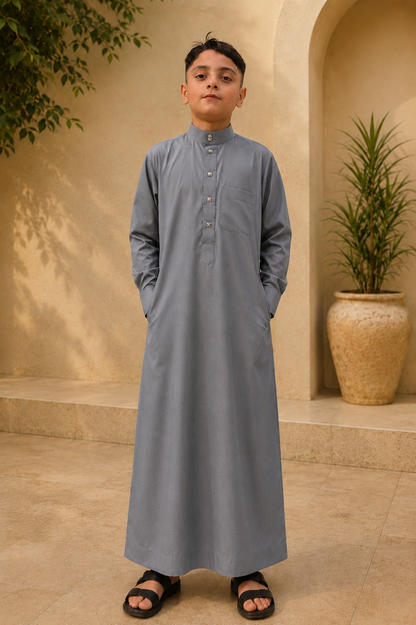 Saudi Style Grey Thobe with Cuffed Sleeves for Kids