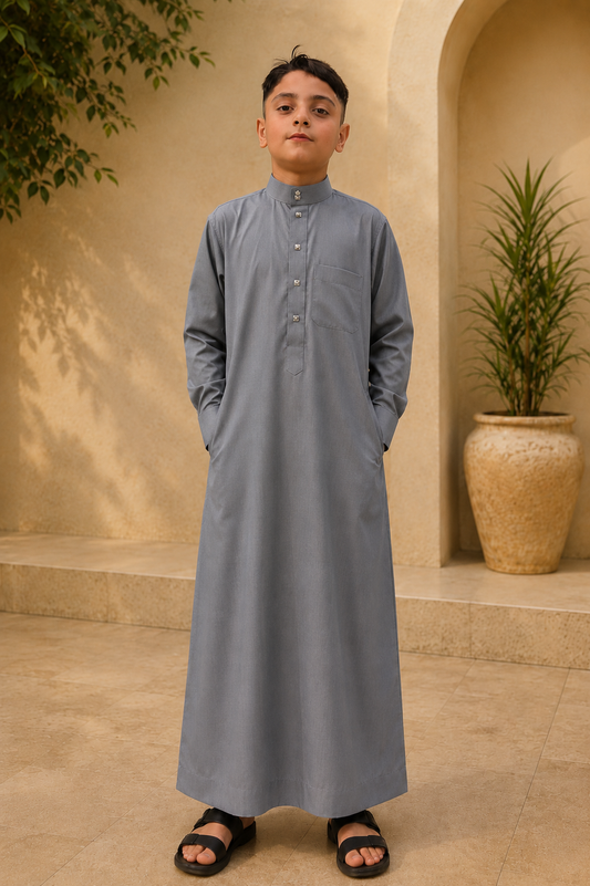 Saudi Style Light Grey Thobe with Cuffed Sleeves for Kids