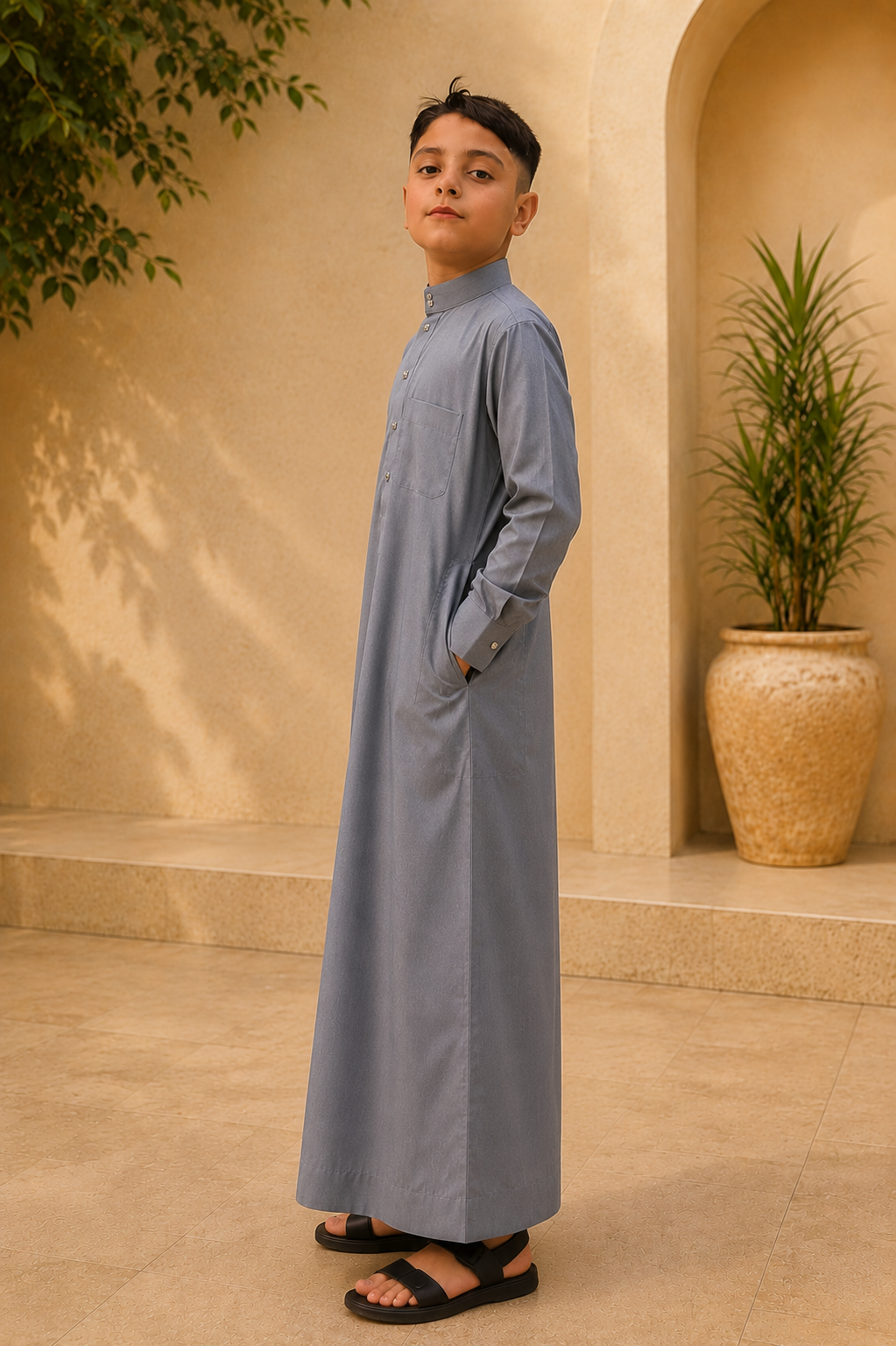Saudi Style Light Grey Thobe with Cuffed Sleeves for Kids