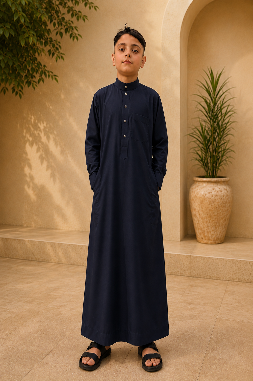 Saudi Style Black Thobe with Cuffed Sleeves for Kids