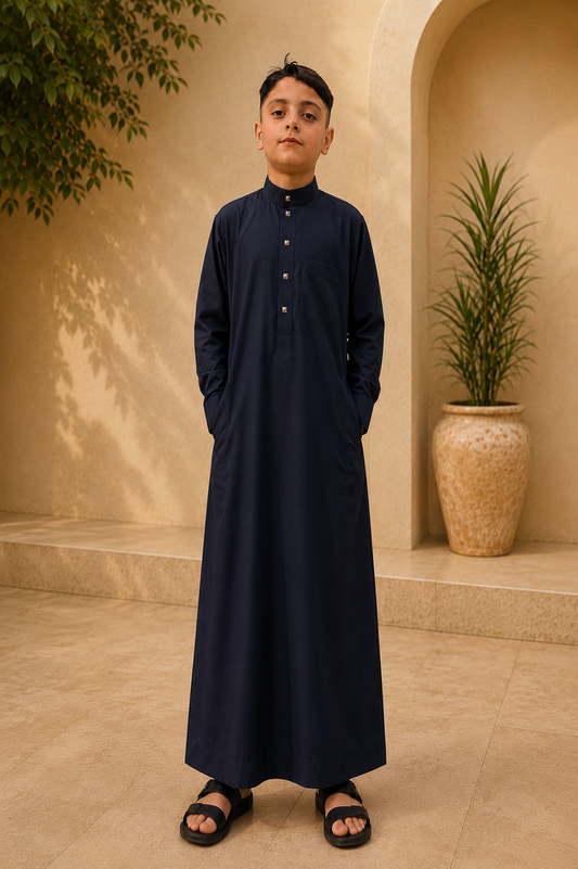 Saudi Style Black Thobe with Cuffed Sleeves for Kids