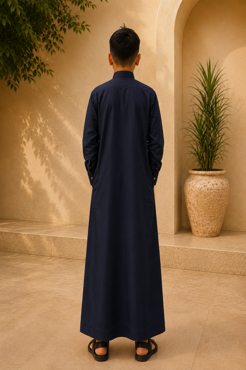 Saudi Style Black Thobe with Cuffed Sleeves for Kids