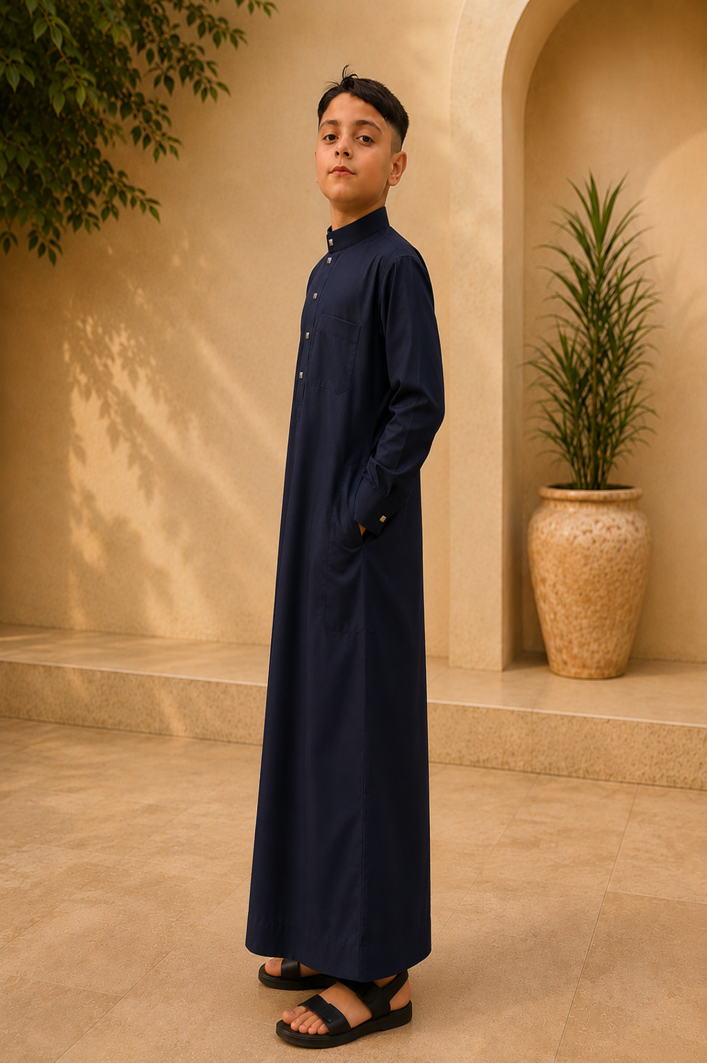 Saudi Style Black Thobe with Cuffed Sleeves for Kids