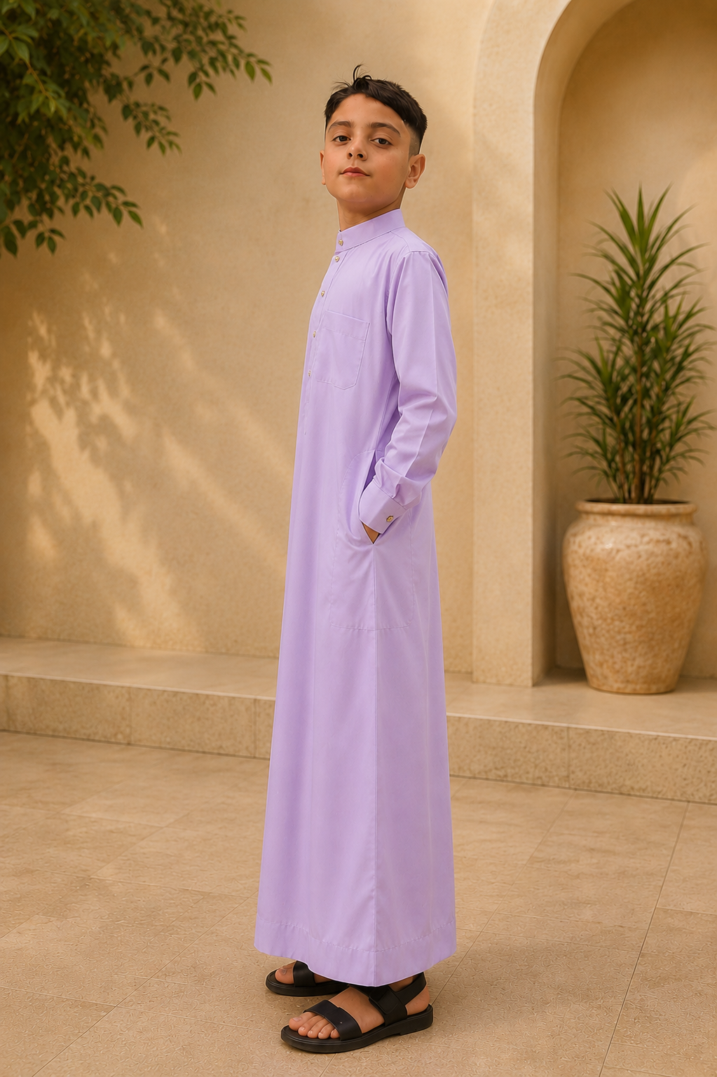 Saudi Style Rose Taupe Thobe with Cuffed Sleeves for Kids