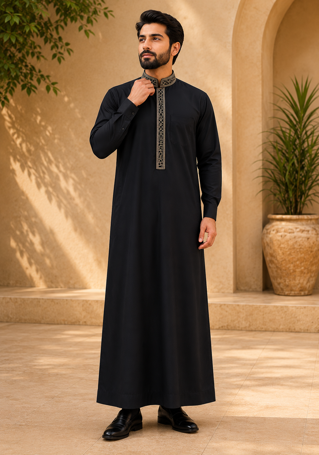 Black Embroidered Thobe for Mens