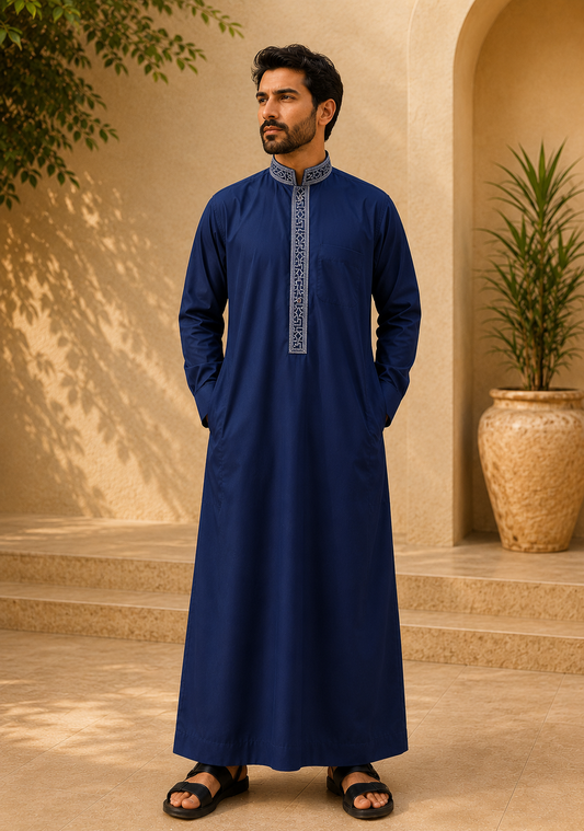 Navy Blue Embroidered Thobe for Mens
