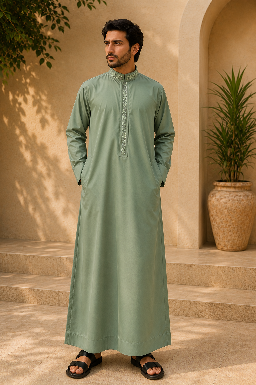 Olive Green Embroidered Thobe for Mens