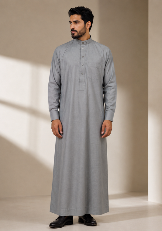 Saudi Style Light Grey Thobe with Cuffed Sleeves for Mens