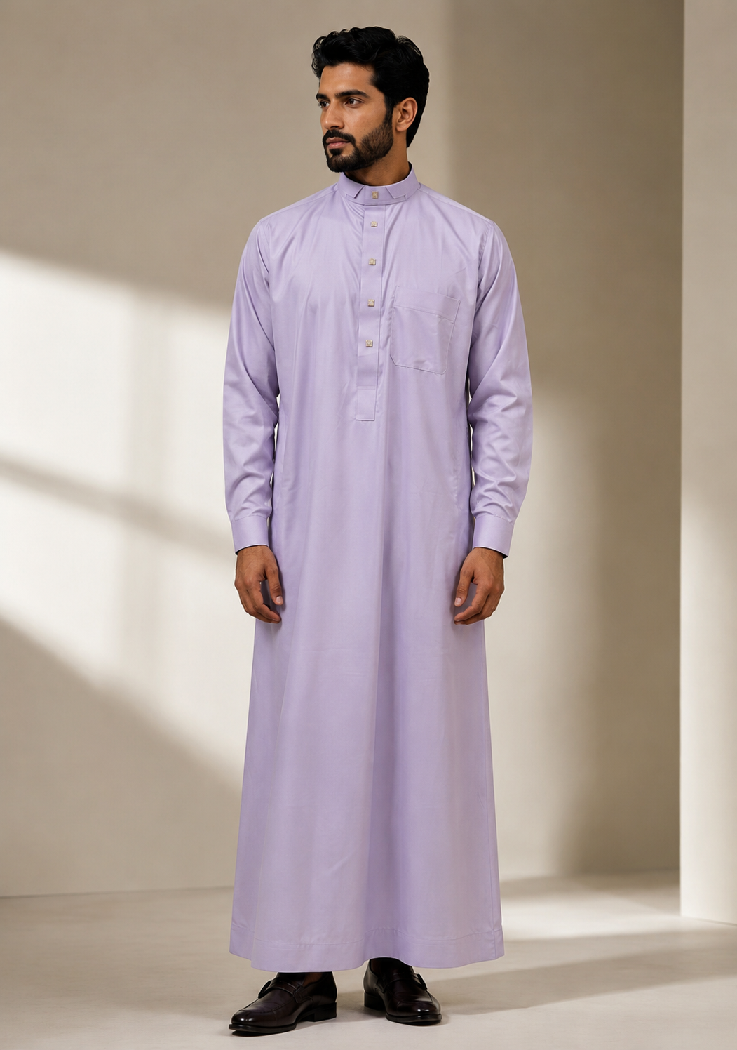 Saudi Style Rose Taupe Thobe with Cuffed Sleeves for Mens
