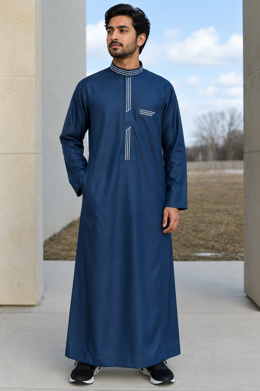 Teal Blue Thobe Contrast Stripe for Mens