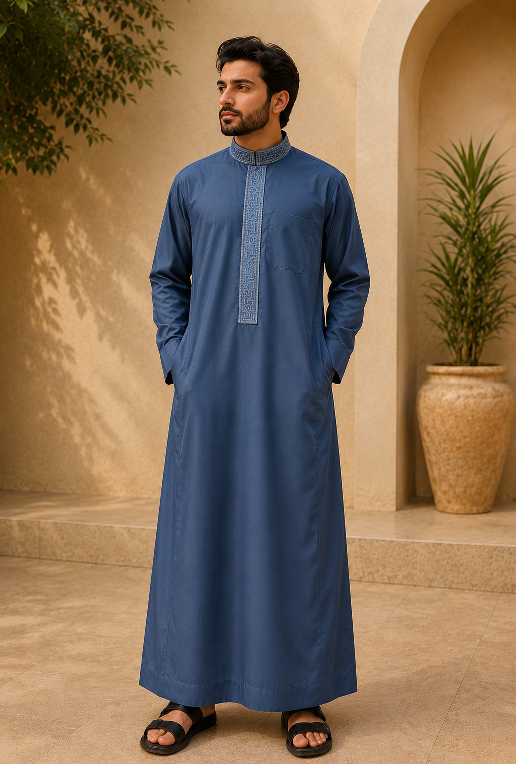Steel Blue Embroidered Thobe for Mens
