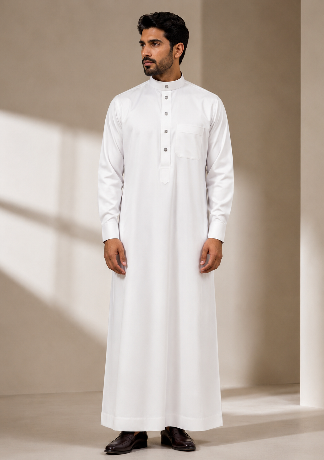 Saudi Style White Thobe with Cuffed Sleeves for Mens