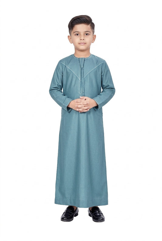 Emirates Style Teal Blue Embroidered Thobe for Kids