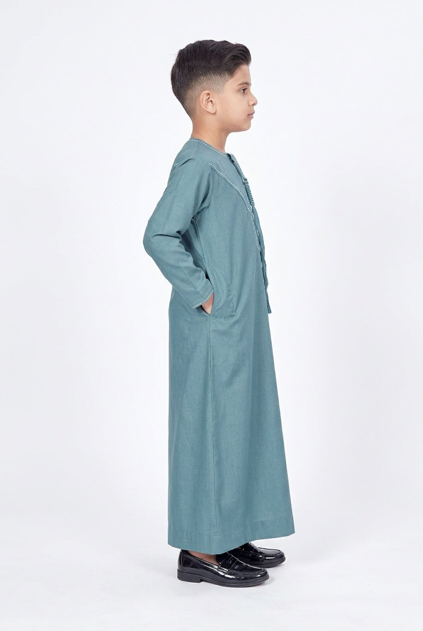 Emirates Style Teal Blue Embroidered Thobe for Kids
