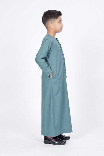 Emirates Style Teal Blue Embroidered Thobe for Kids