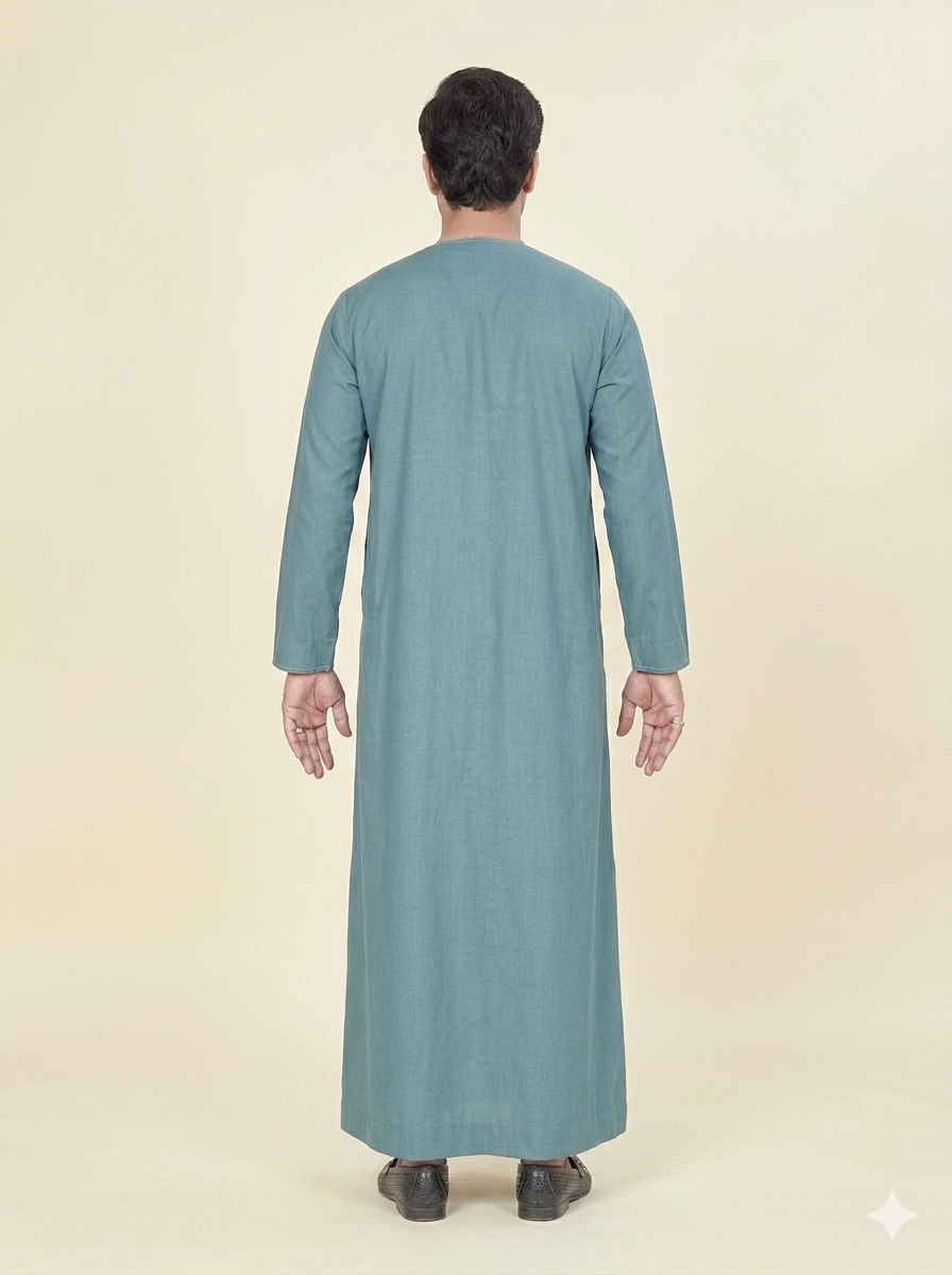 Emirates Style Teal Blue Embroidered Thobe for Men's