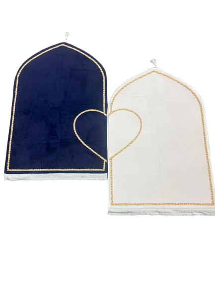Luxury Couple Prayer Rug Set (2-Piece Janamaz) with Heart Design & Tassels – Royal Blue & Ivory White