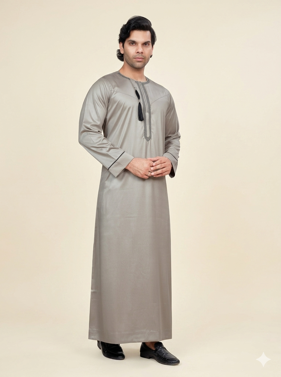 Stone Beige Embroidered Omani Thobe