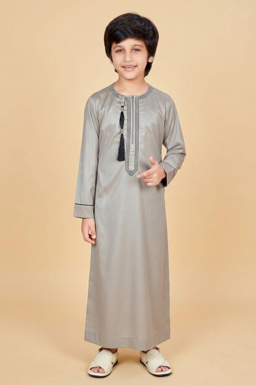 Stone Beige Embroidered Omani Thobe for Kids