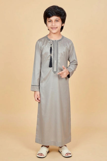 Stone Beige Embroidered Omani Thobe for Kids